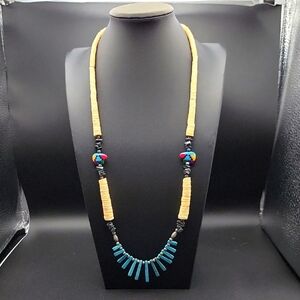 26" Native Style Bone Shell Hematite Howelite Silver Tone Beaded Necklace Unisex